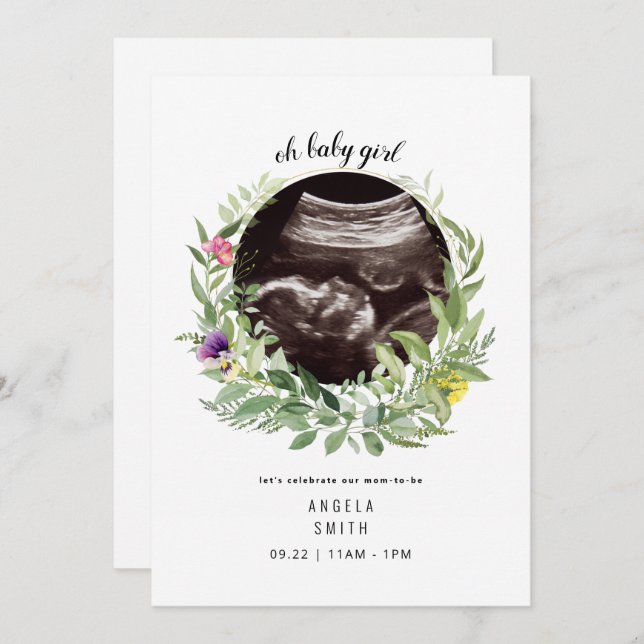 Invitation Oh Baby Girl Ultrasound Floral Douche (Devant / Derrière)