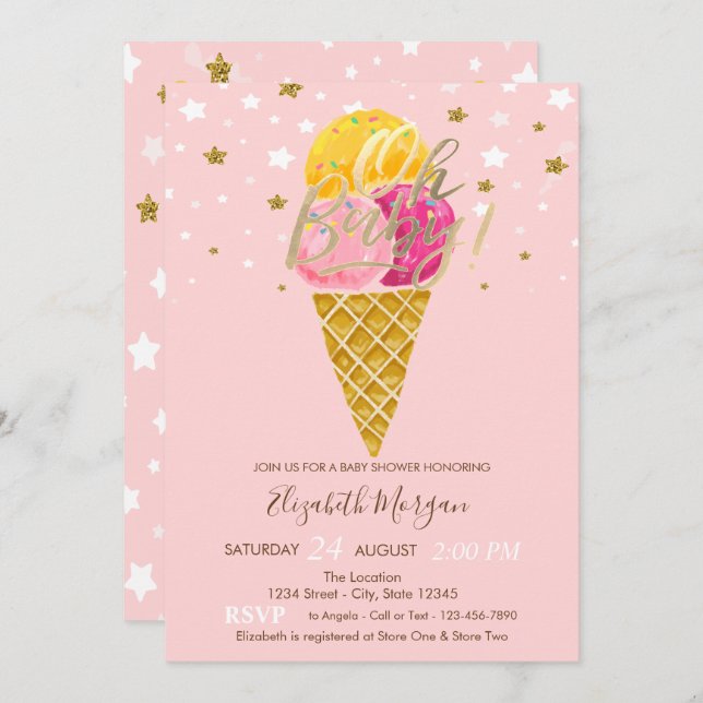 Invitation Oh Baby Glaces Crèmes Etoiles Baby shower (Devant / Derrière)