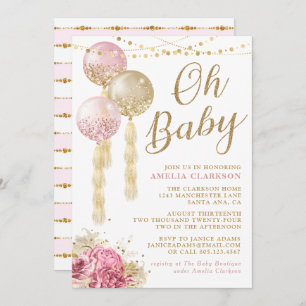 Invitation Oh Baby Gold & Baby shower Ballons Rose