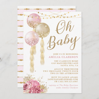 Invitation Oh Baby Gold & Baby shower Ballons Rose