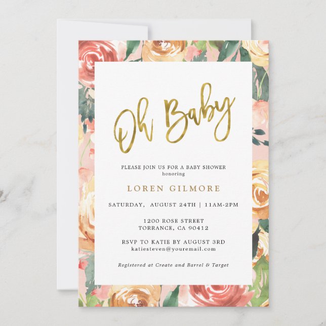 Invitation Oh Baby Gold Baby shower de motifs floraux (Devant)