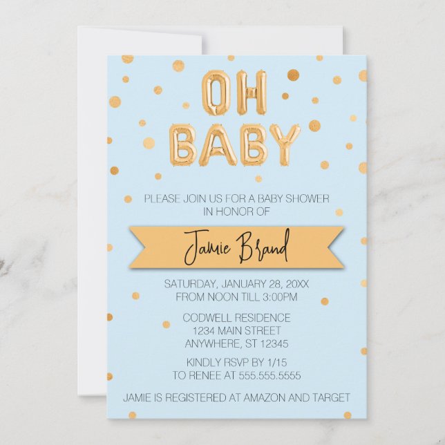 Invitation Oh Baby Gold Foil Baby shower de ballon (Devant)