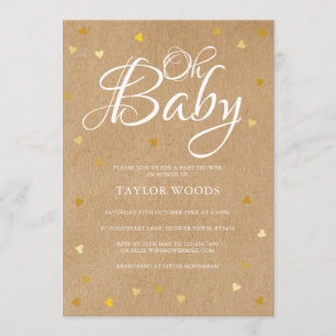 Invitation Oh Baby Gold Hearts Baby Shower Rustique Kraft Boh