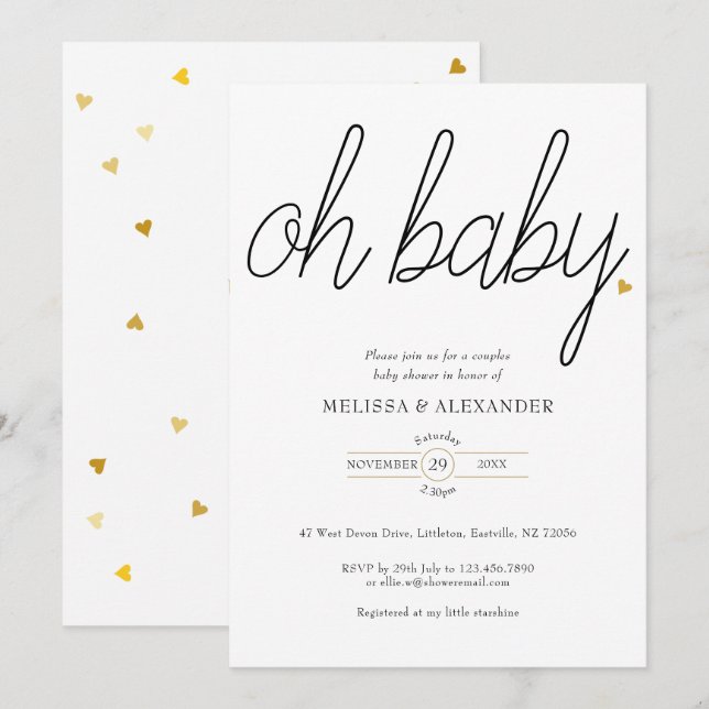 Invitation Oh Baby Gold Love Heart Couples Baby Shower (Devant / Derrière)