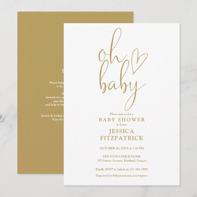 Invitation Oh Baby Gold Script Baby Shower tout compris (Devant / Derrière)