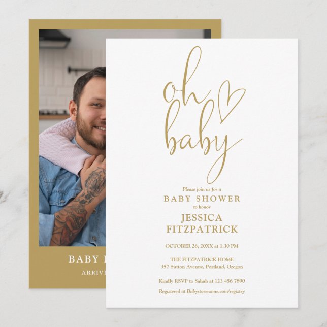 Invitation Oh Baby Gold Script Heart Baby shower photo (Devant / Derrière)