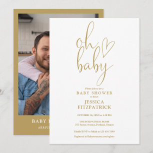 Invitation Oh Baby Gold Script Heart Baby shower photo