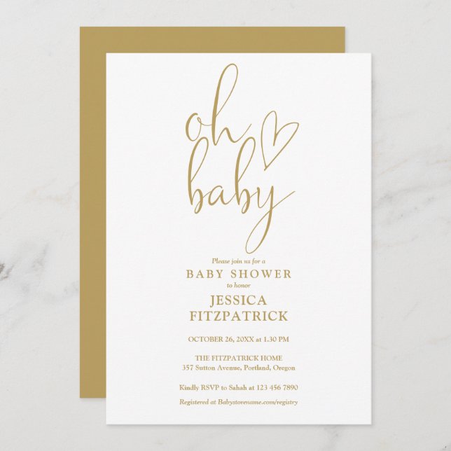 Invitation Oh Baby Gold Script tout en un Baby shower (Devant / Derrière)