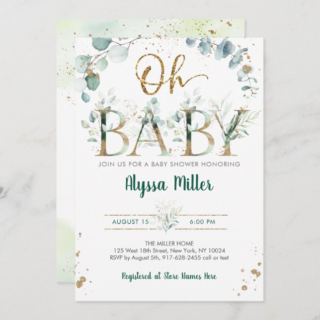 Invitation Oh Baby Green Baby shower Eucalyptus (Devant / Derrière)