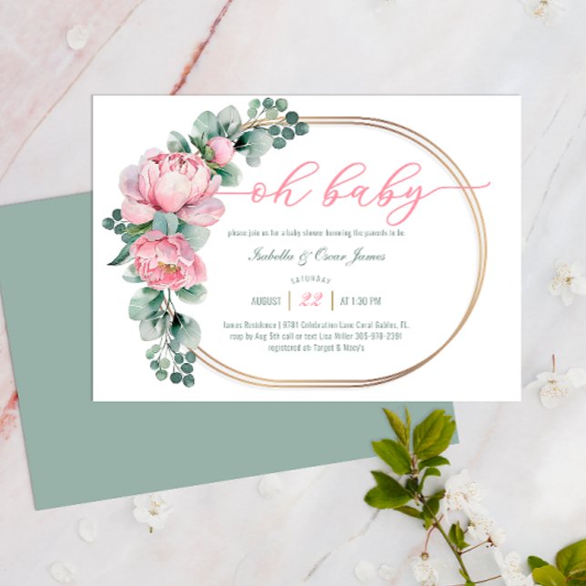 Invitation Oh Baby Green et rose Floral Girl Baby shower (Oh Baby Shower Invite)