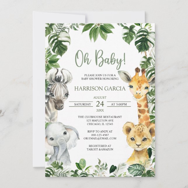 Invitation Oh Baby Green Jungle Safari Animaux Baby shower (Devant)
