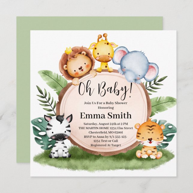 Invitation Oh Baby Green Jungle Safari Animaux Baby shower (Devant / Derrière)