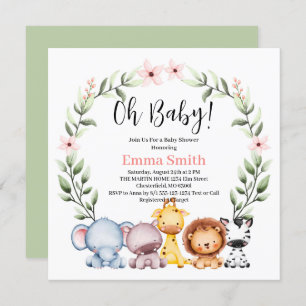 Invitation Oh Baby Green Jungle Safari Animaux Baby shower