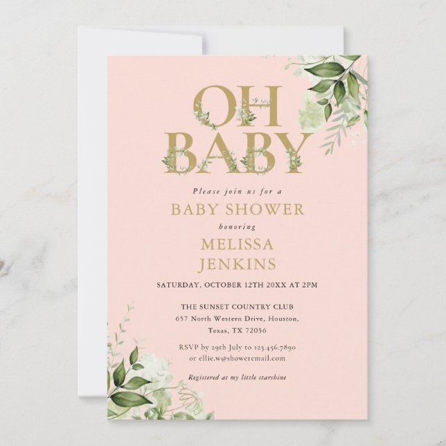 Invitation Oh Baby Greenery Baby shower d'or rose pâle (Devant)