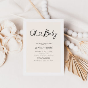 Invitation Oh Baby Heart Font Baby shower beige doux minimal