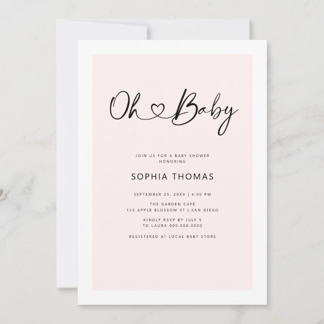 Invitation Oh Baby Heart Font Minimal Baby shower rose doux (Devant)