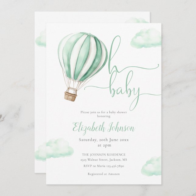 Invitation Oh Baby Hot Air Balloon Baby shower neutre (Devant / Derrière)