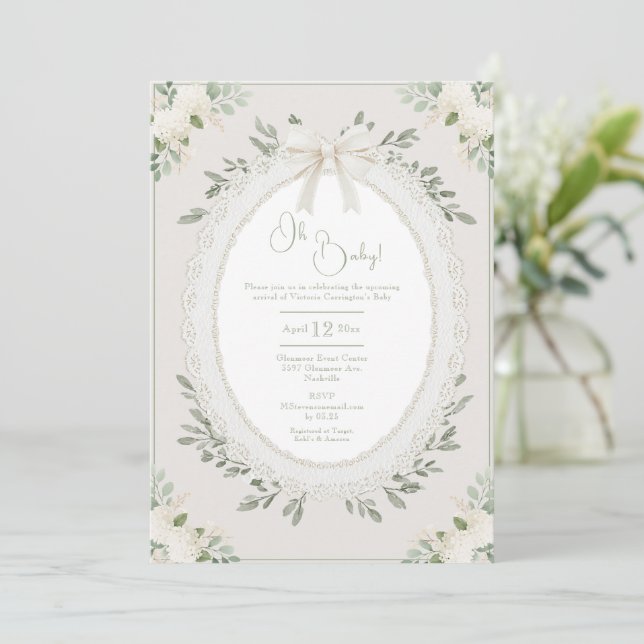 Invitation Oh Baby Hydrangea Baby Shower Vintage (Debout devant)
