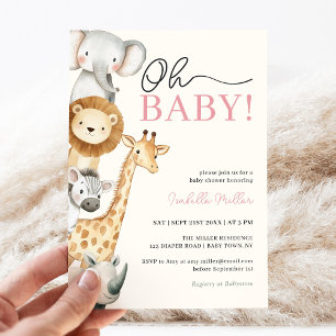 Invitation Oh Baby Jungle Safari Baby shower fille rose