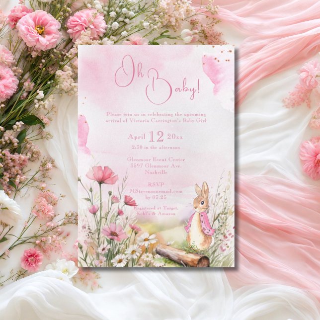 Invitation Oh Baby lapin lapin Baby shower d'aquarelle rose (Créateur téléchargé)