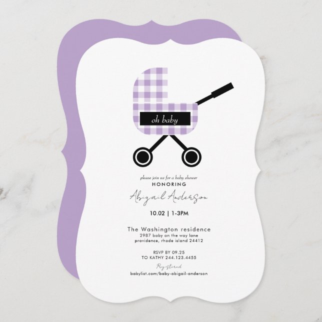 Invitation Oh Baby Lavender En vichy Pram Baby shower Bracket (Devant / Derrière)