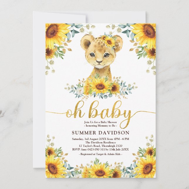 Invitation Oh Baby Lion Cub Sunflower Baby shower vert (Devant)