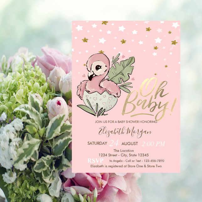 Invitation Oh Baby mignon bébé rose Flamant rose étoiles Baby (Créateur téléchargé)