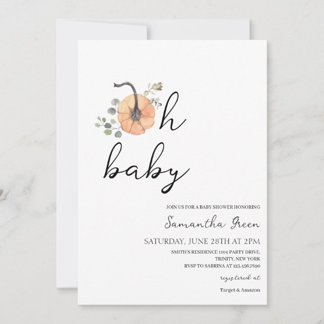 Invitation Oh Baby Minimalist Citrouille Baby shower Invitati (Devant)