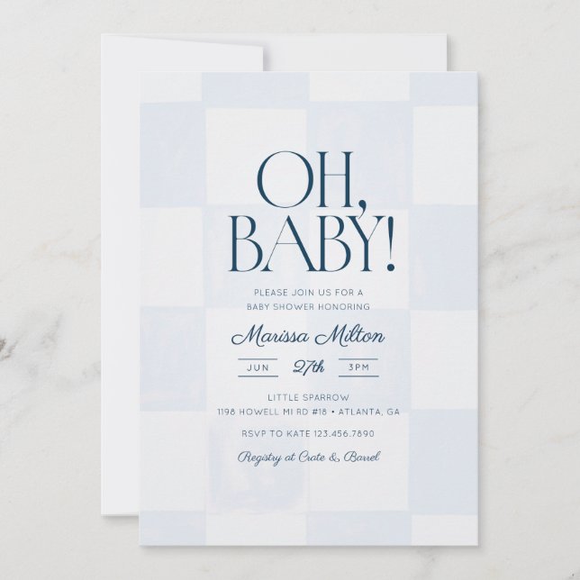 Invitation Oh Baby Modern Blue Checkered Baby Shower (Devant)