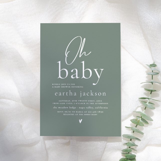Invitation Oh Baby Modern Script Sage Green Boho Baby shower (Créateur téléchargé)