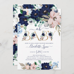 Invitation Oh Baby Navy Baby shower floral bleu et bleu