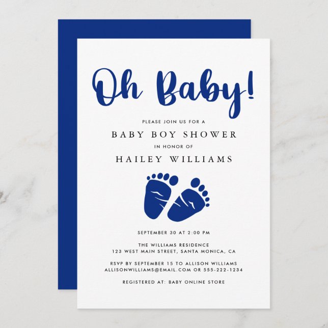 Invitation Oh Baby Navy Blue Baby Feet Douche (Devant / Derrière)