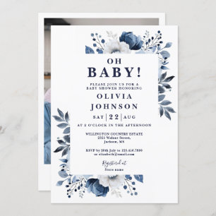 Invitation Oh Baby Navy Blue Floral Baby shower photo