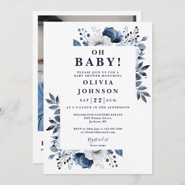 Invitation Oh Baby Navy Blue Floral Photo QR Baby shower (Devant / Derrière)