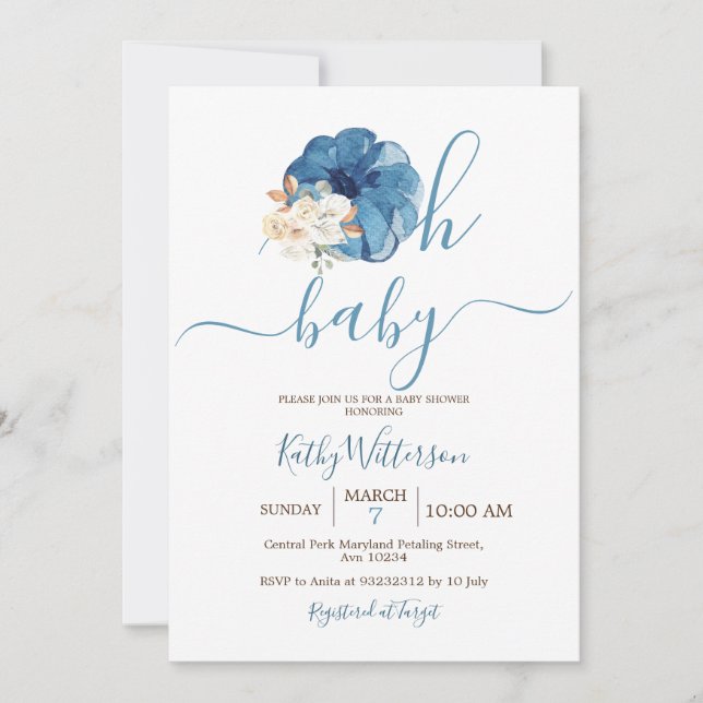 Invitation Oh Baby Navy Citrouille Baby shower floral (Devant)