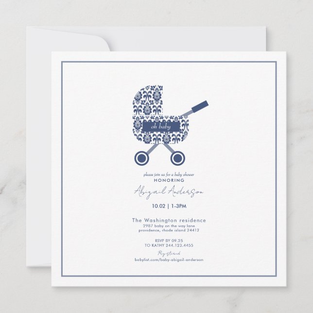 Invitation Oh Baby Navy Damask Pram Baby shower Carré (Devant)