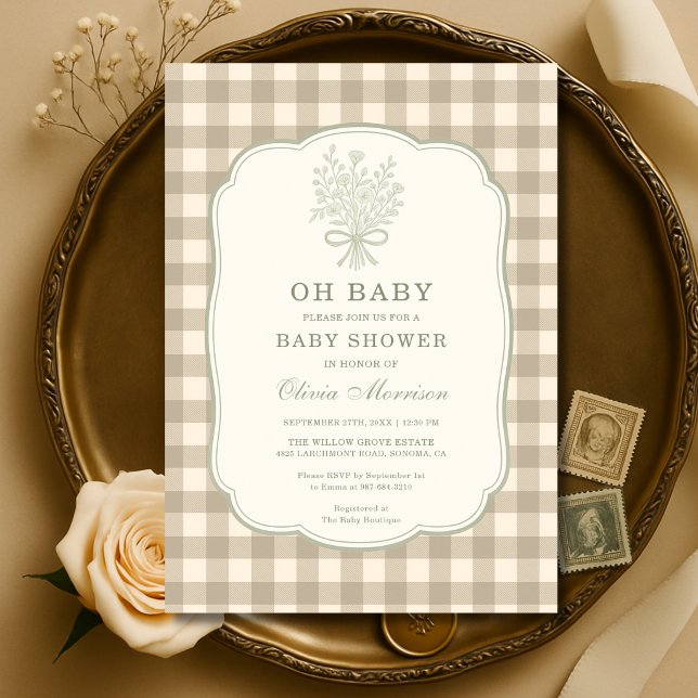 Invitation Oh Baby Neutral Gingham Baby Shower (Créateur téléchargé)