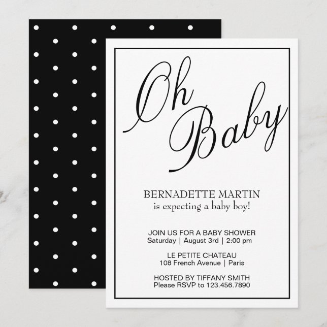 Invitation Oh Baby Noir et Blanc Élégant Shower pour Bébé (Devant / Derrière)