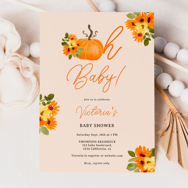 Invitation Oh Baby orange citrouille baby shower neutre fleur (Oh Baby orange pumpkin floral neutral baby shower Invitation)
