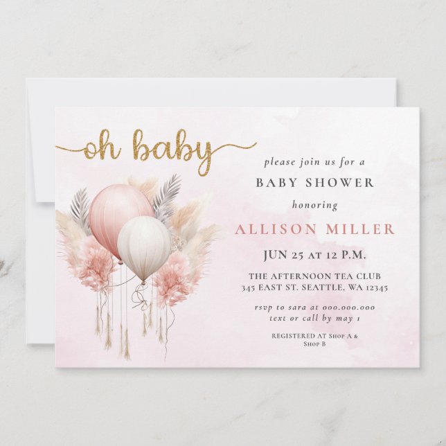 Invitation Oh Baby Pampas Rose or Boho Baby shower fille (Devant)