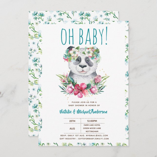 Invitation Oh Baby Panda Ours Aquarelle Floral Boho Douche (Devant / Derrière)