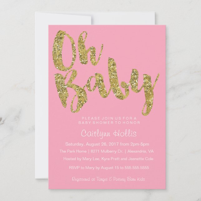 Invitation Oh Baby Parties scintillant or et feuille sur Baby (Devant)