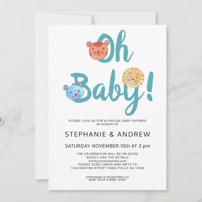 Invitation Oh Baby Pastel Cute Animals Baby shower virtuel (Devant)