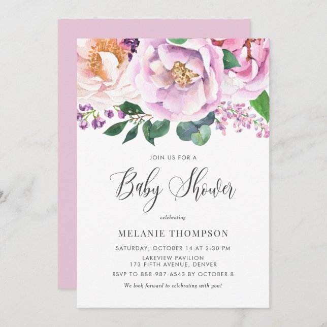 Invitation Oh Baby Pastel Purple Peonies Baby shower de print (Devant / Derrière)