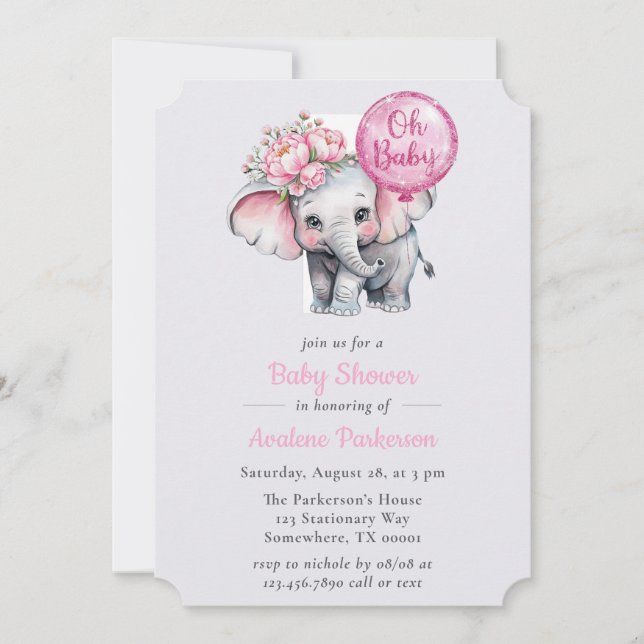 Invitation Oh Baby Peint Eléphant Floral Girl Baby shower (Devant)