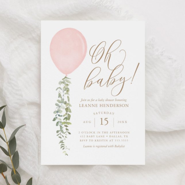 Invitation Oh Baby Pink Balloon Eucalyptus Baby shower Invita (Créateur téléchargé)