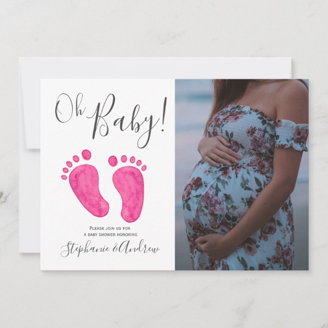 Invitation Oh Baby Pink Feet Photo Girl Baby shower (Devant)