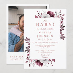 Invitation Oh Baby Pink Floral Photo QR Code Baby shower