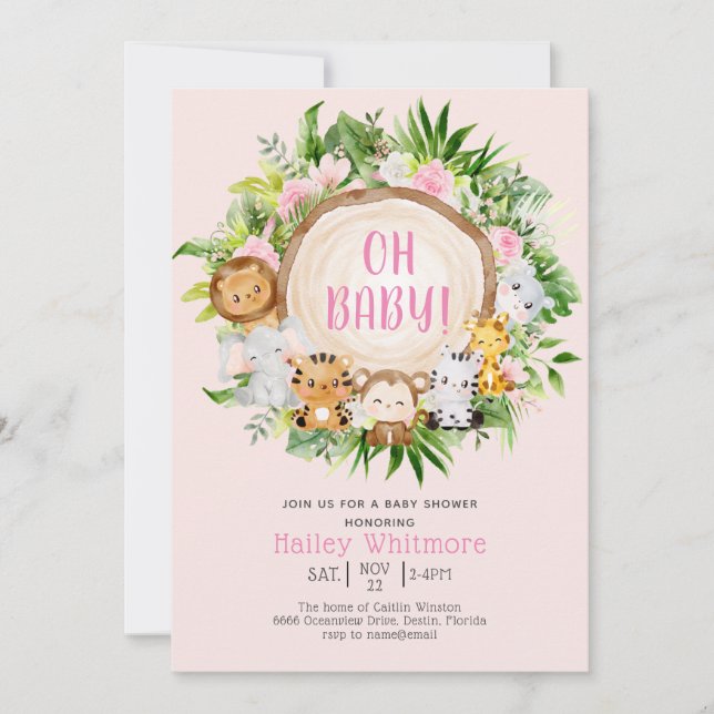 Invitation Oh Baby Pink Safari Jungle Baby shower animal sauv (Devant)