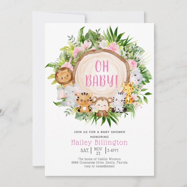 Invitation Oh Baby Pink Safari Jungle Baby shower d'aquarelle (Devant)